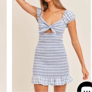 Adorable Gingham Smocked Mini Dress by Rene Blue/White Sz Medium